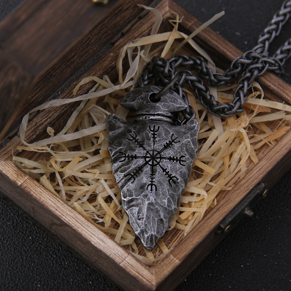 Viking Compass Rune Hammer Metal Necklace Vintage Pendant